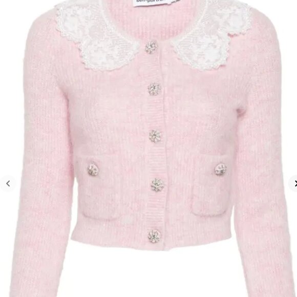 NWT- Self-Portrait Lace-Collared Pink Brushed Cardigan Sweater, Crystal Buttons - Picture 2 of 5